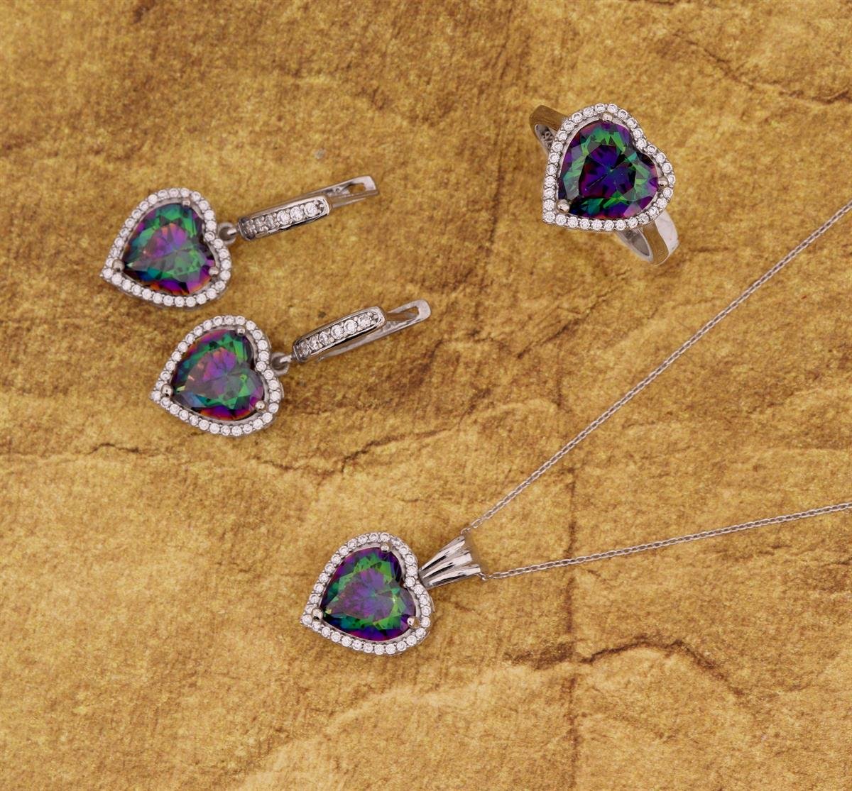 925 Ayar Gümüş Pırlanta Montür Mistik Topaz Kalp Takı Seti