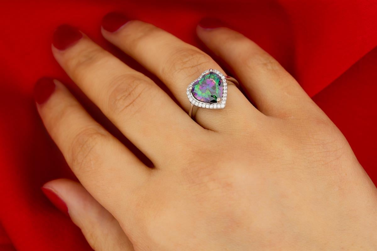 925 Ayar Gümüş Pırlanta Montür Mistik Topaz Kalp Takı Seti