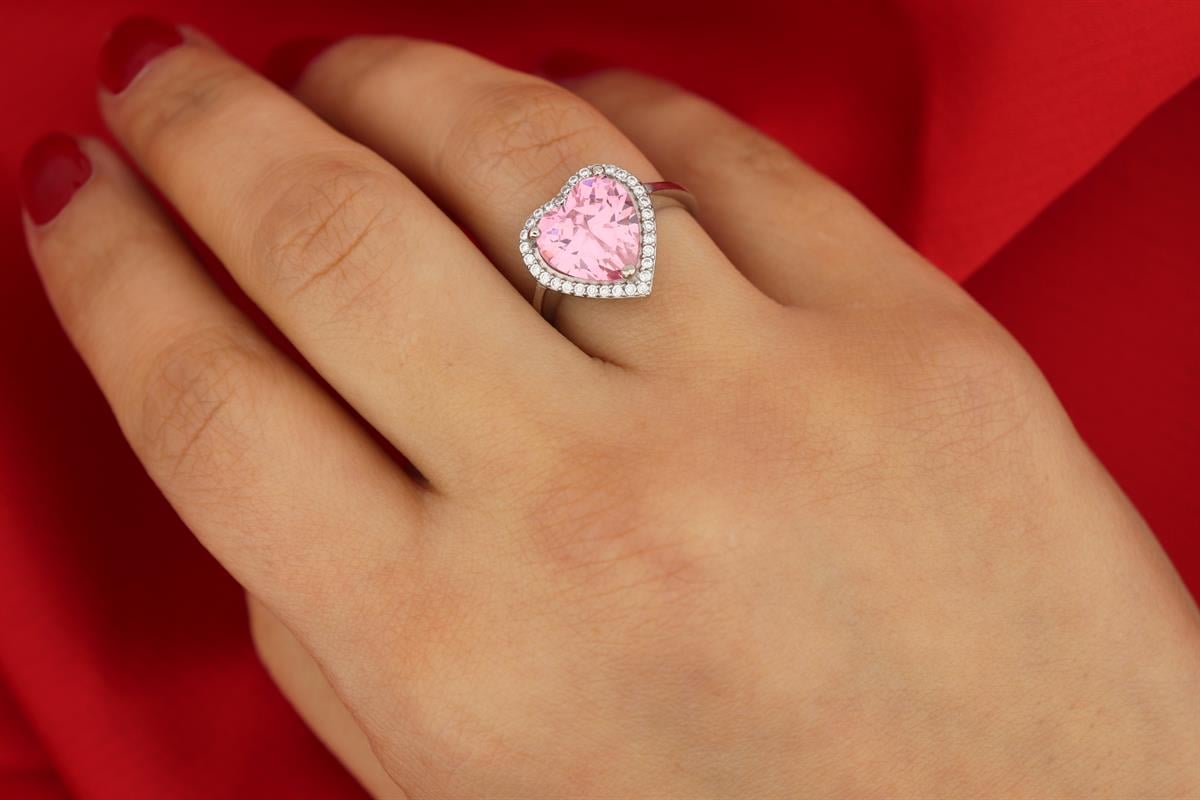 925 Ayar Gümüş Pırlanta Montür Pembe Kalp Takı Seti