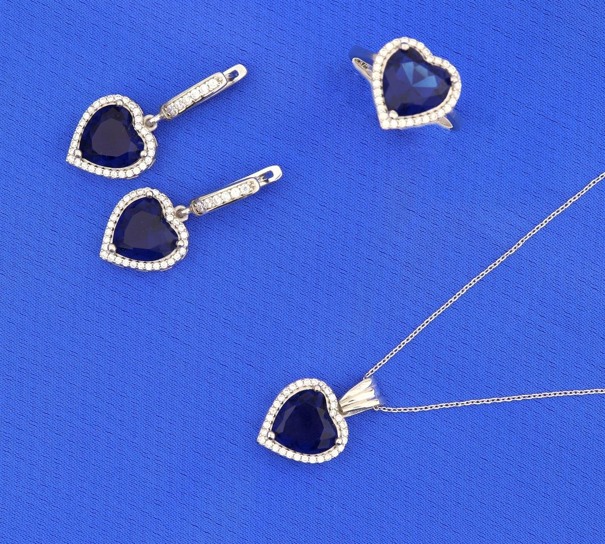 925 Ayar Gümüş Pırlanta Montür Safir Kalp Takı Seti