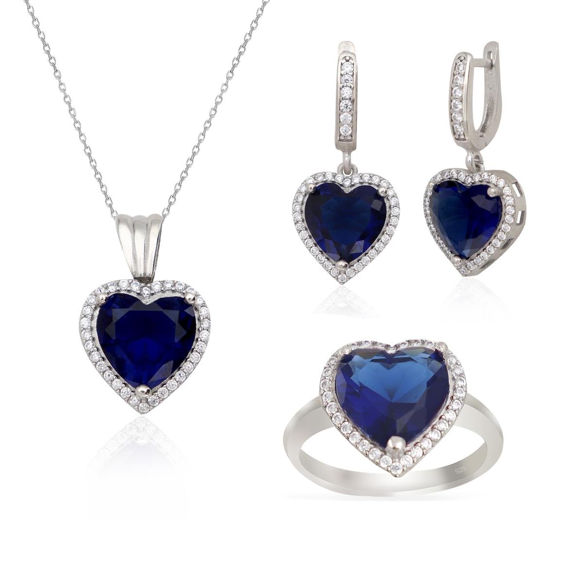 925 Ayar Gümüş Pırlanta Montür Safir Kalp Takı Seti