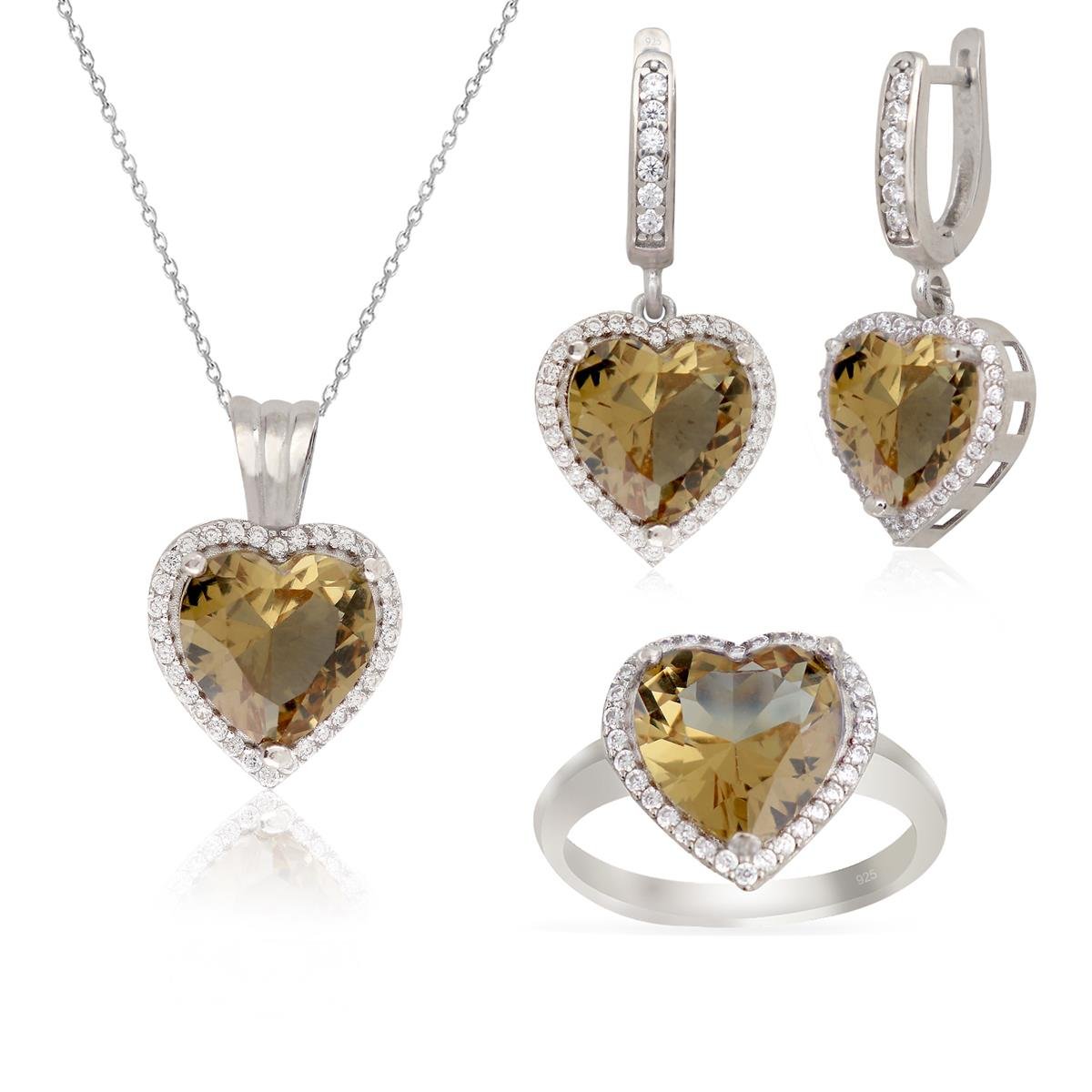 925 Ayar Gümüş Pırlanta Montür Zultanit Taş Kalp Takı Seti