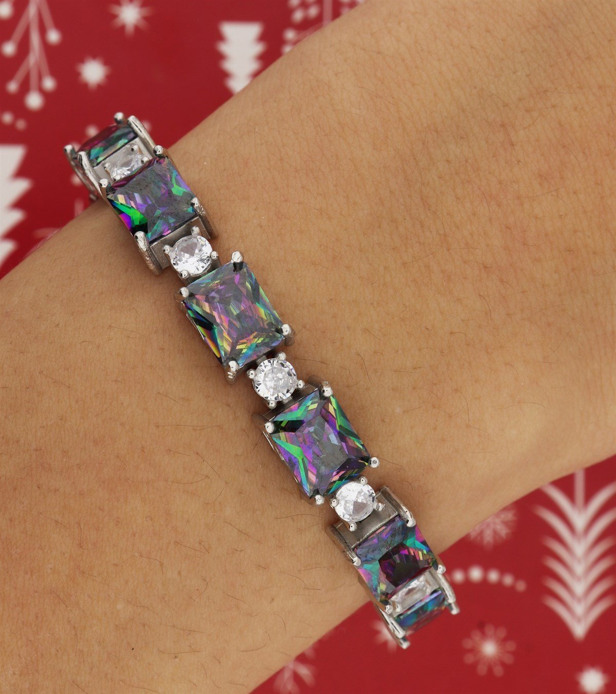 925 Ayar Gümüş Rodyum Kaplama Asansörlü Mistik Topaz Baget Bileklik