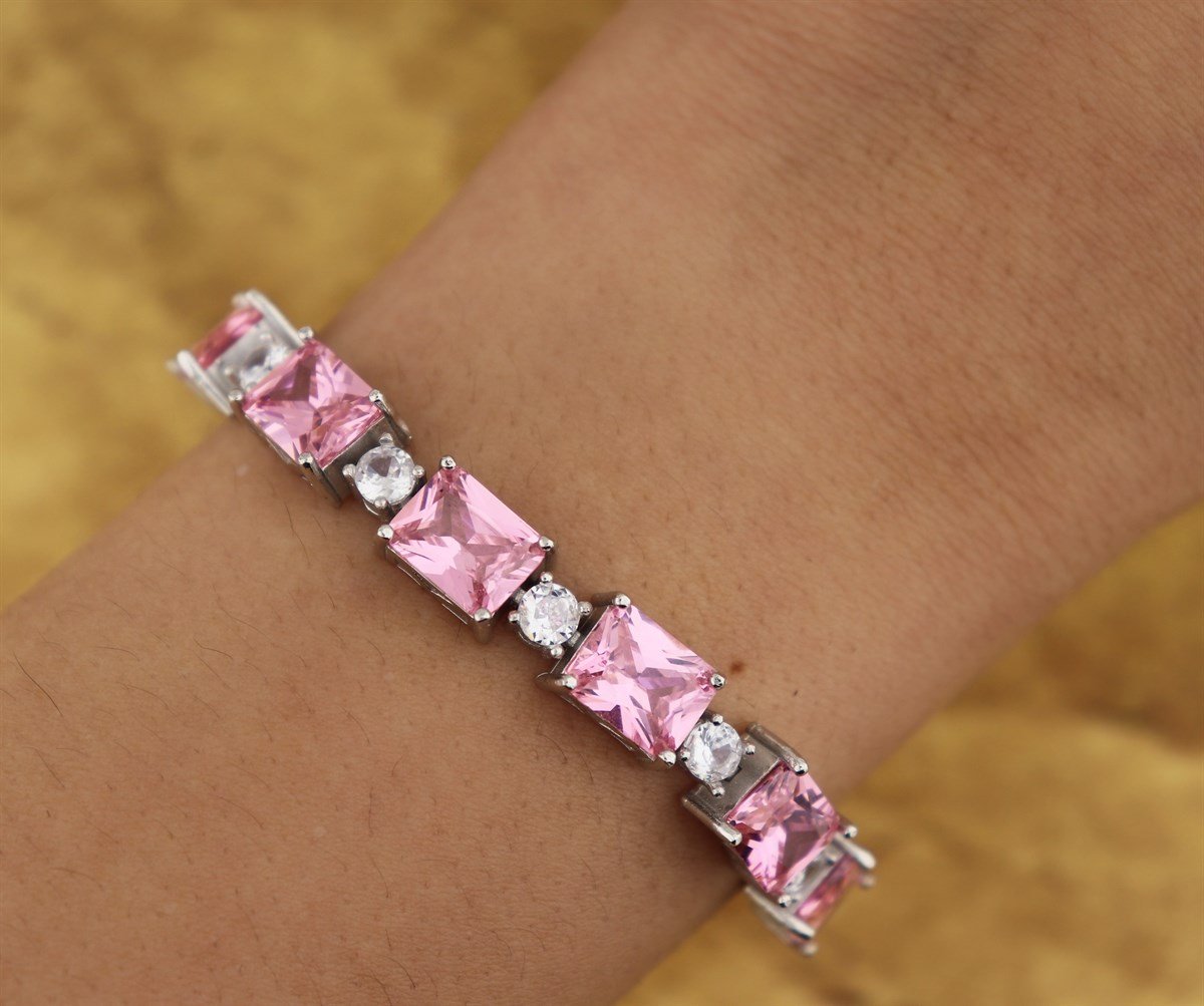 925 Ayar Gümüş Rodyum Kaplama Asansörlü Pembe Baget Bileklik