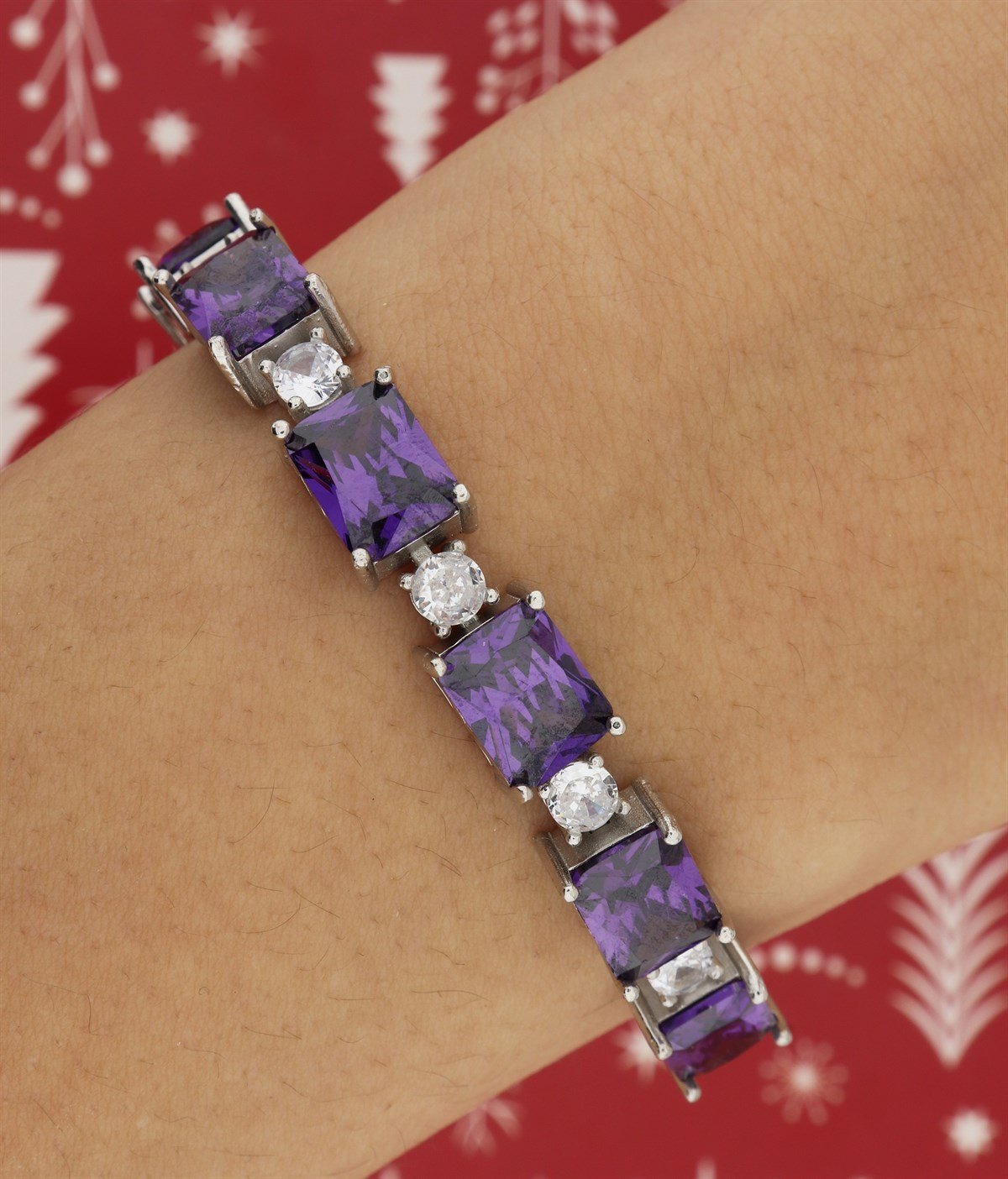 925 Ayar Gümüş Rodyum Kaplama Asansörlü Ametist Baget Bileklik