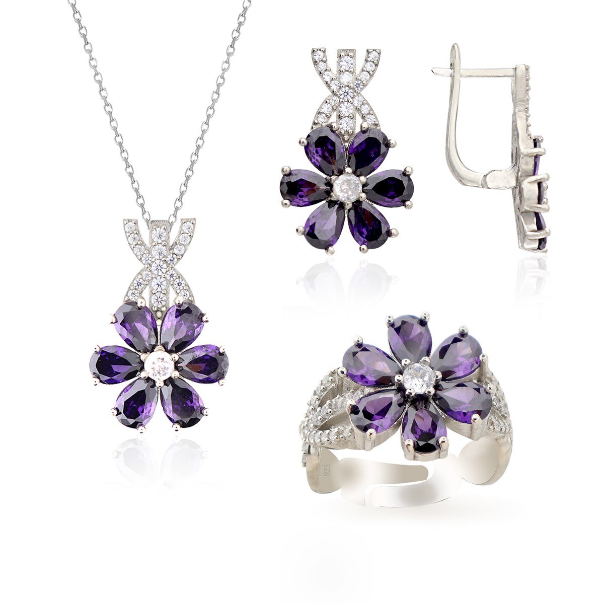 925 Ayar Gümüş Rodyumlu Ametist Taşlı Manolya Çiçeği Gümüş Takı Seti