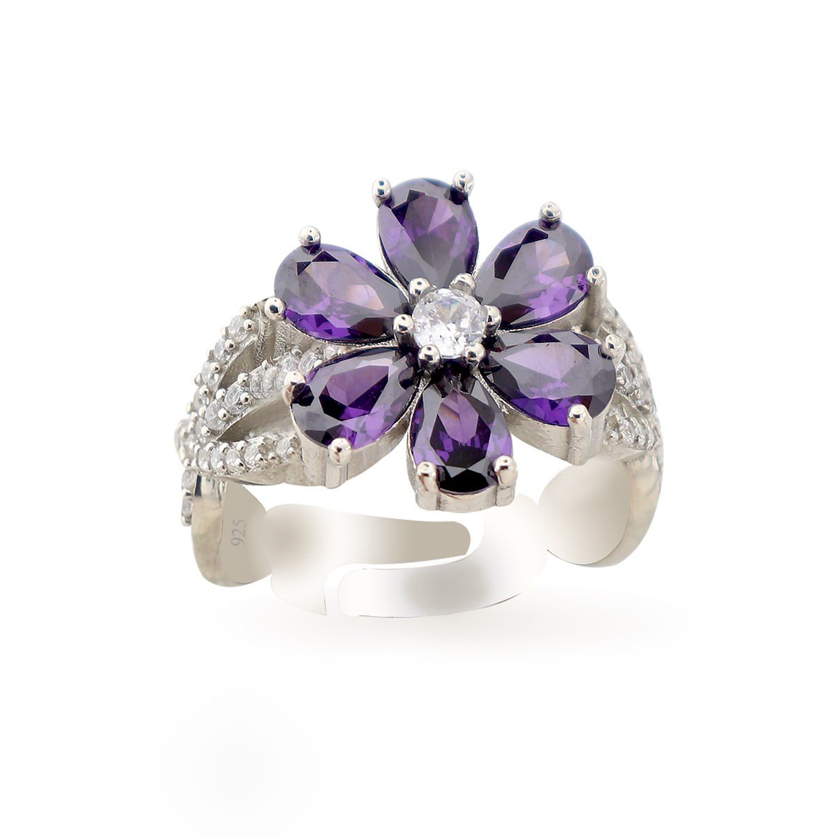 925 Ayar Gümüş Rodyumlu Ametist Taşlı Manolya Çiçeği Gümüş Takı Seti