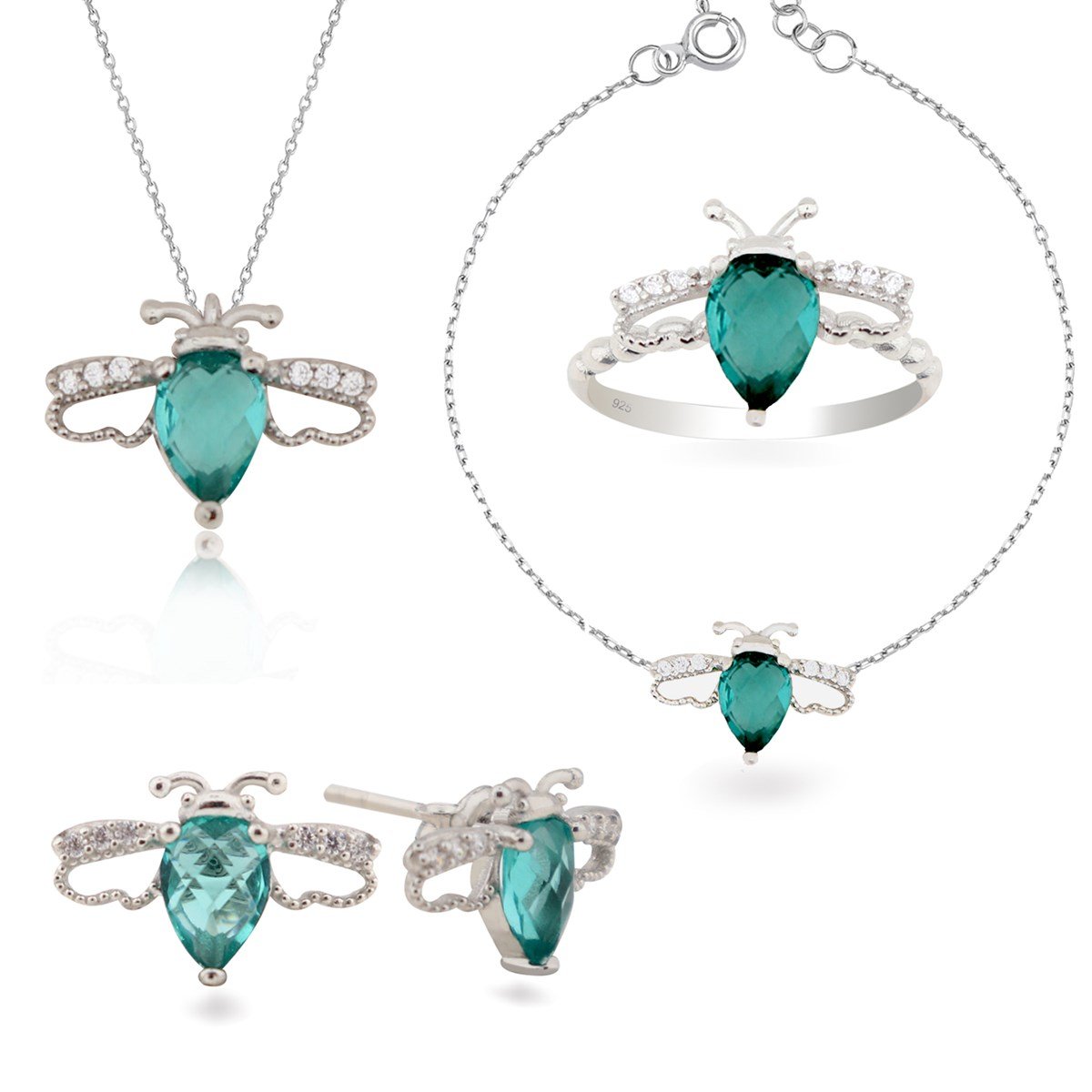925 Ayar Gümüş Rodyumlu  Arı Tasarım Takı Seti