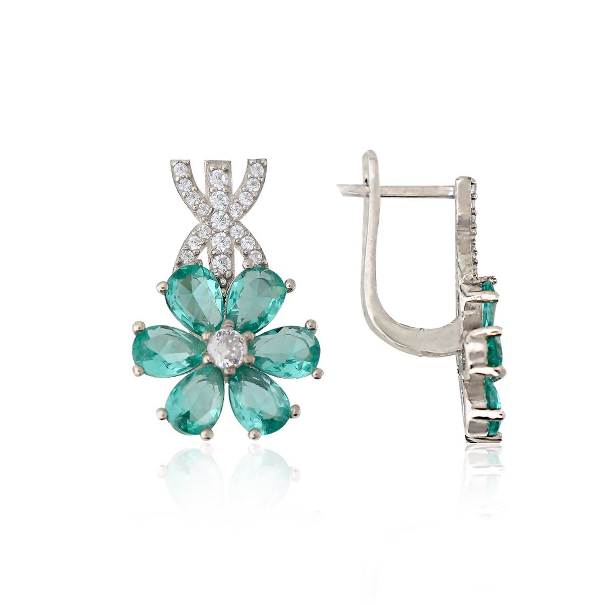 925 Ayar Gümüş Rodyumlu Paraiba Taşlı Manolya Çiçeği Gümüş Takı Seti
