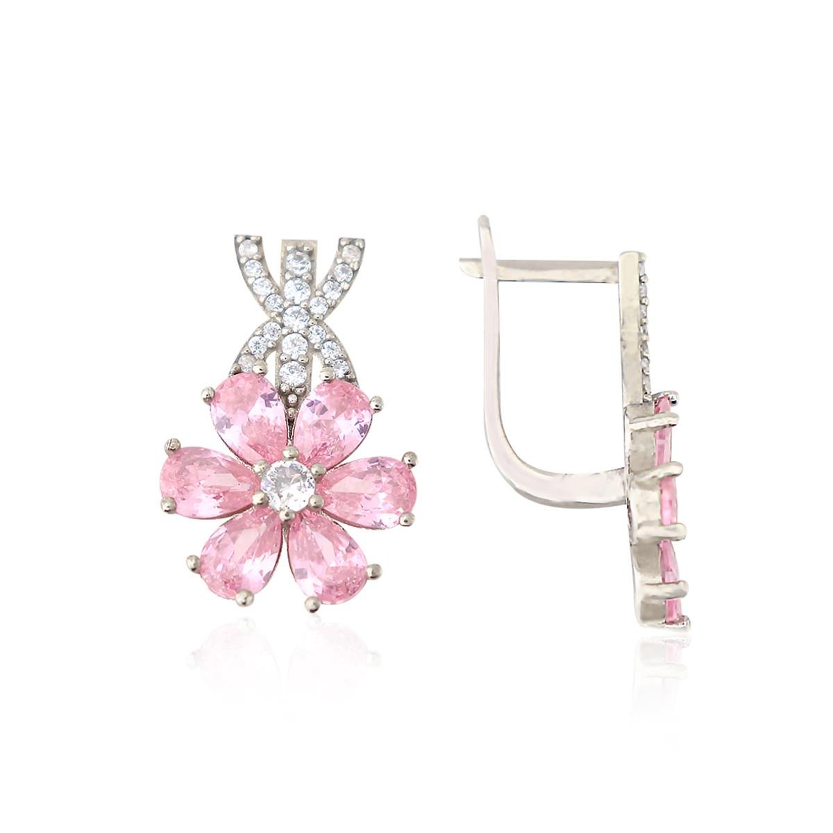 925 Ayar Gümüş Rodyumlu Pembe Taşlı Manolya Çiçeği Gümüş Takı Seti
