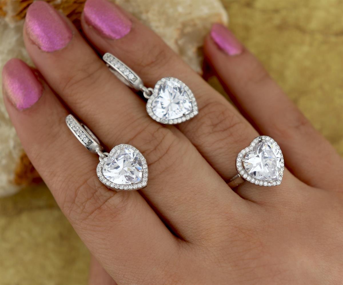 925 Ayar Gümüş Rodyumlu Pırlanta Montür Kalp Takı Seti