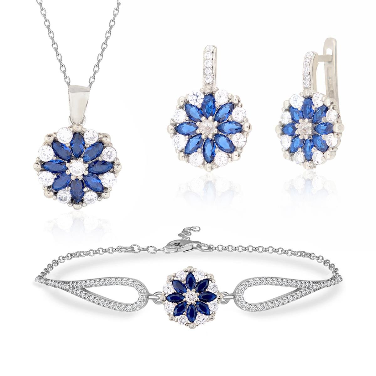 925 Ayar Gümüş Rodyumlu Safir Çiçek Model Takı Seti