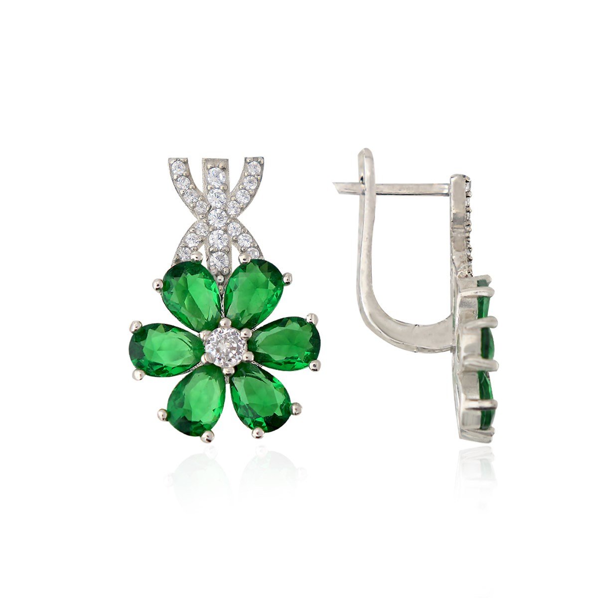 925 Ayar Gümüş Rodyumlu Zümrüt Taşlı Manolya Çiçeği Gümüş Takı Seti