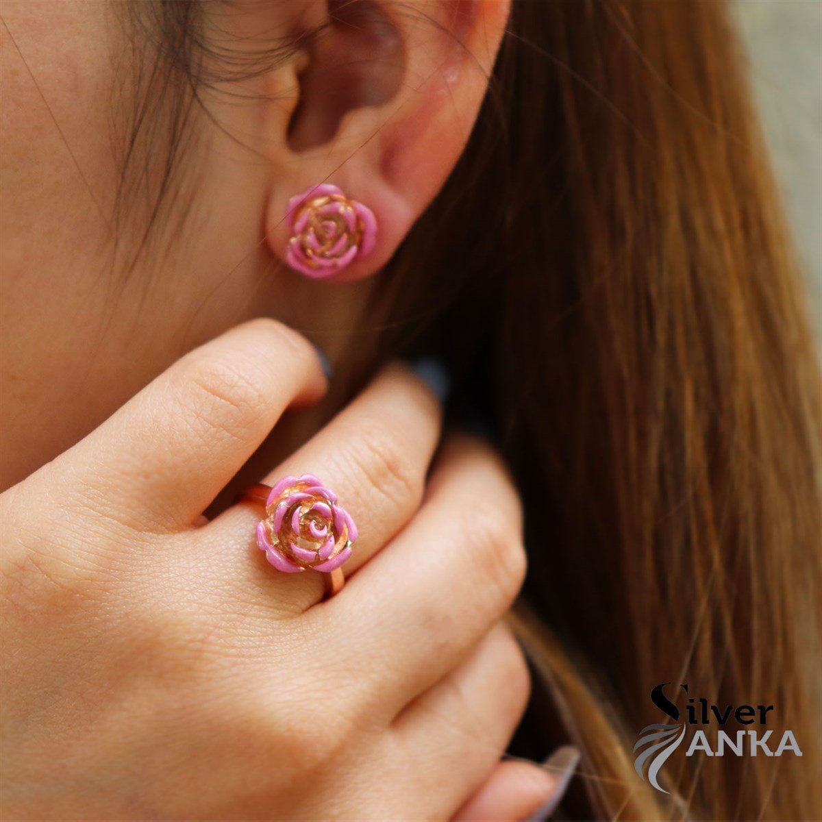 925 Ayar Gümüş Rose Pembe Gül Set