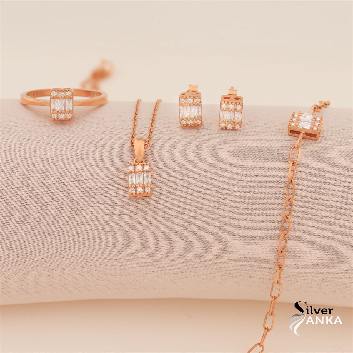 925 Ayar Gümüş Rose Zarif Set