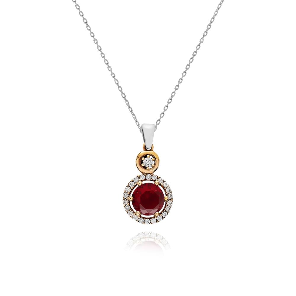 925 Ayar Gümüş Ruby Yuvarlak Taşlı Otantik Kolye