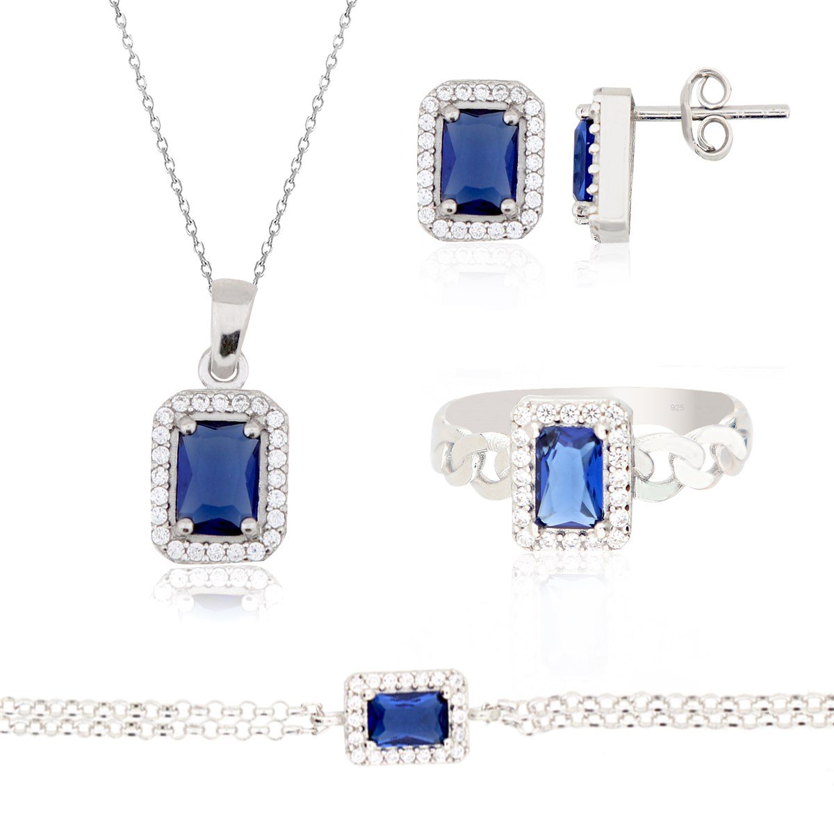 925 Ayar Gümüş Safir Baget Takı Seti