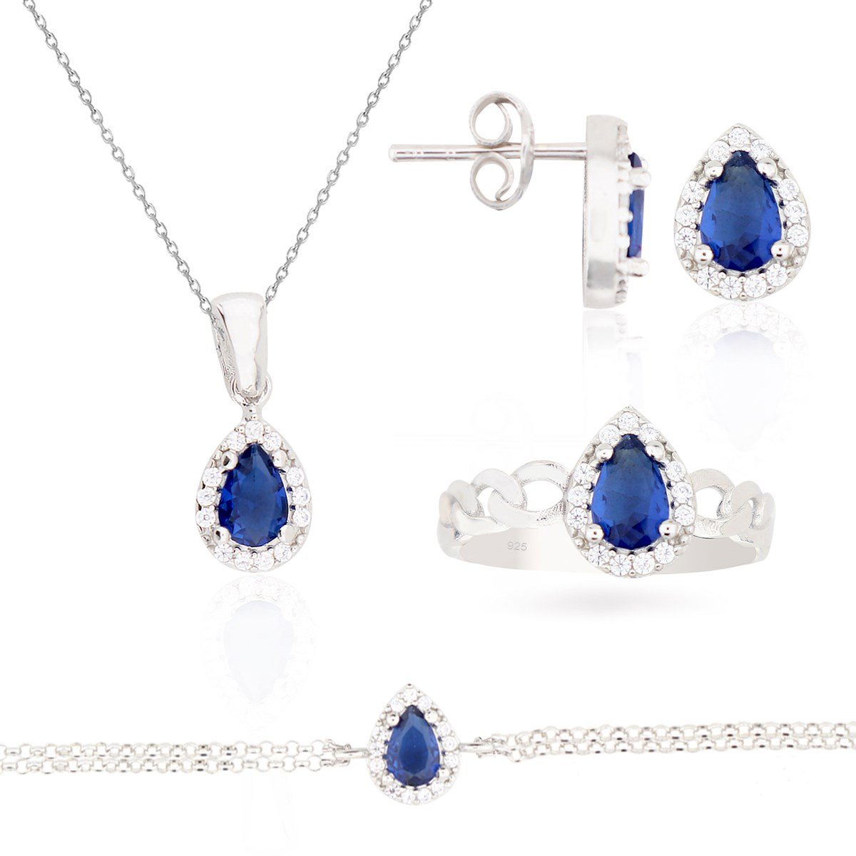 925 Ayar Gümüş Safir Damla Taş Takı Seti