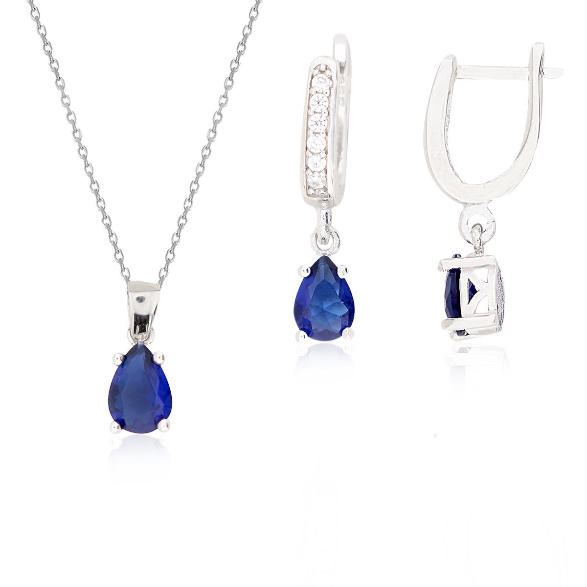 925 Ayar Gümüş Safir Damla Taş Takı Seti