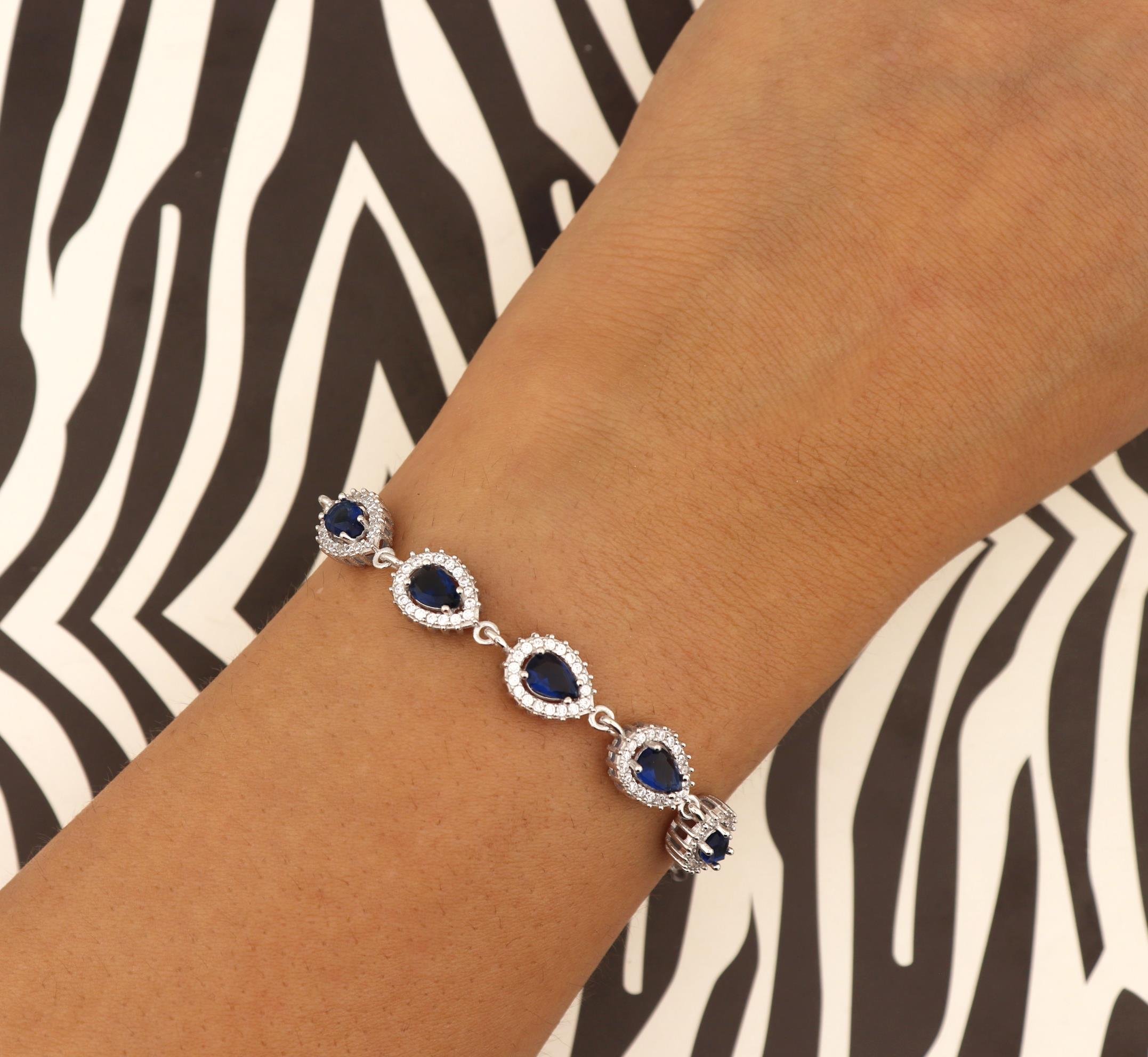 925 Ayar Gümüş Safir Damla Taşlı Anturaj Bileklik