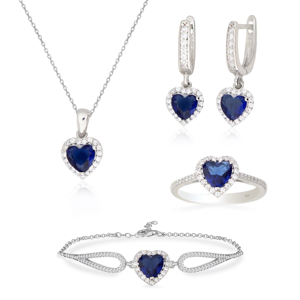 925 Ayar Gümüş Safir Kalp Takı Seti