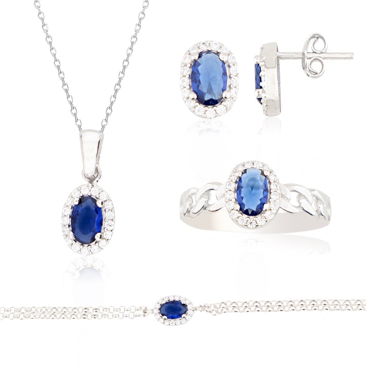 925 Ayar Gümüş Safir Oval Takı Seti