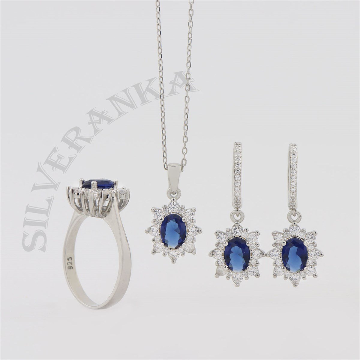 925 Ayar Gümüş Safir Oval Taşlı Anturaj Set
