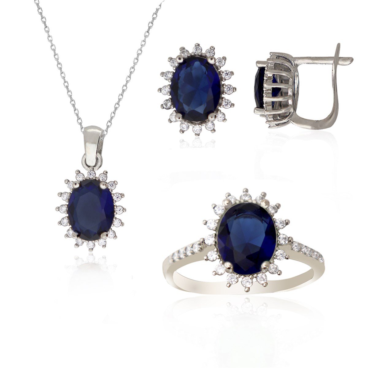 925 Ayar Gümüş Safir Oval Taşlı Takı Seti