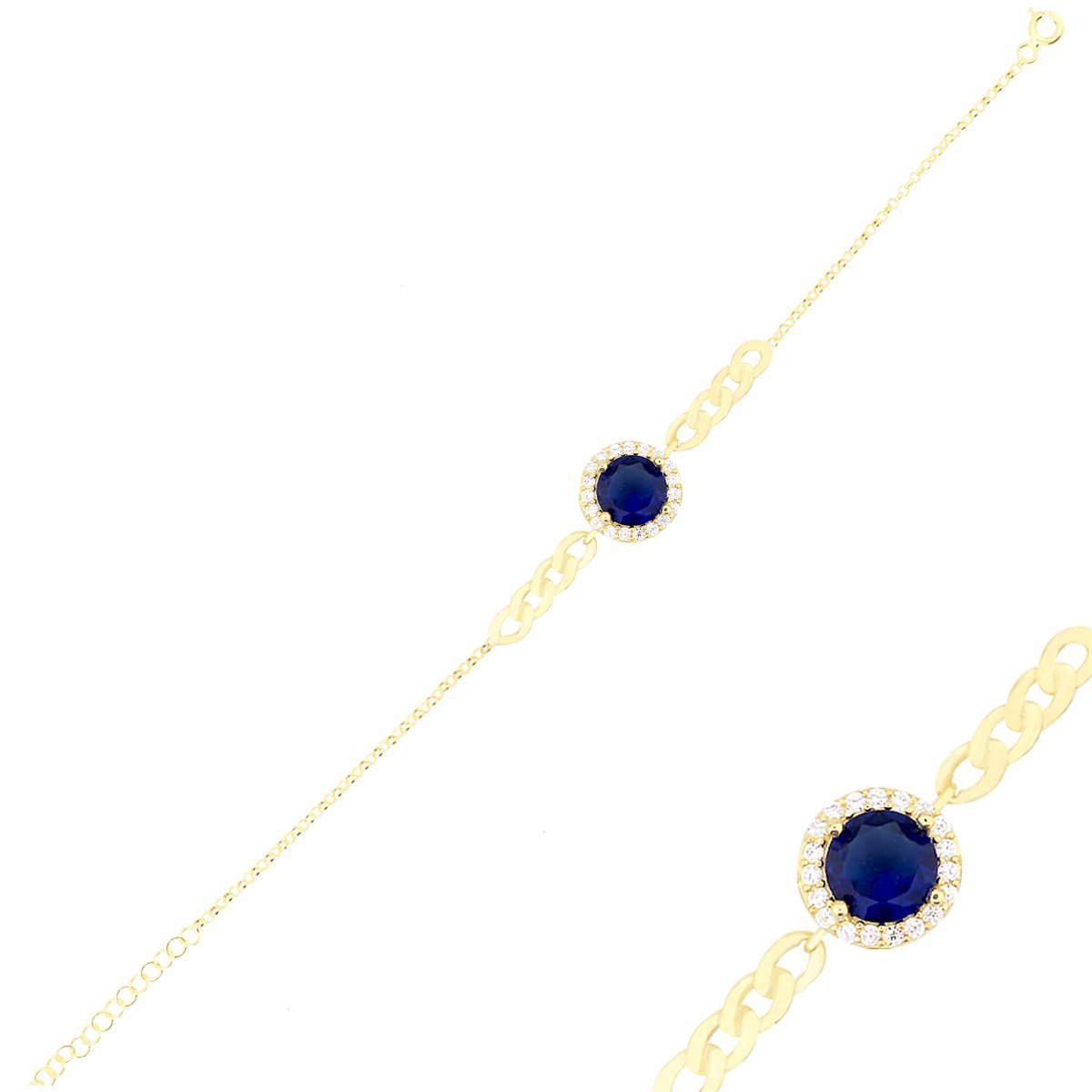 925 Ayar Gümüş Safir Takı Seti Altın Kaplama Zincir Detay