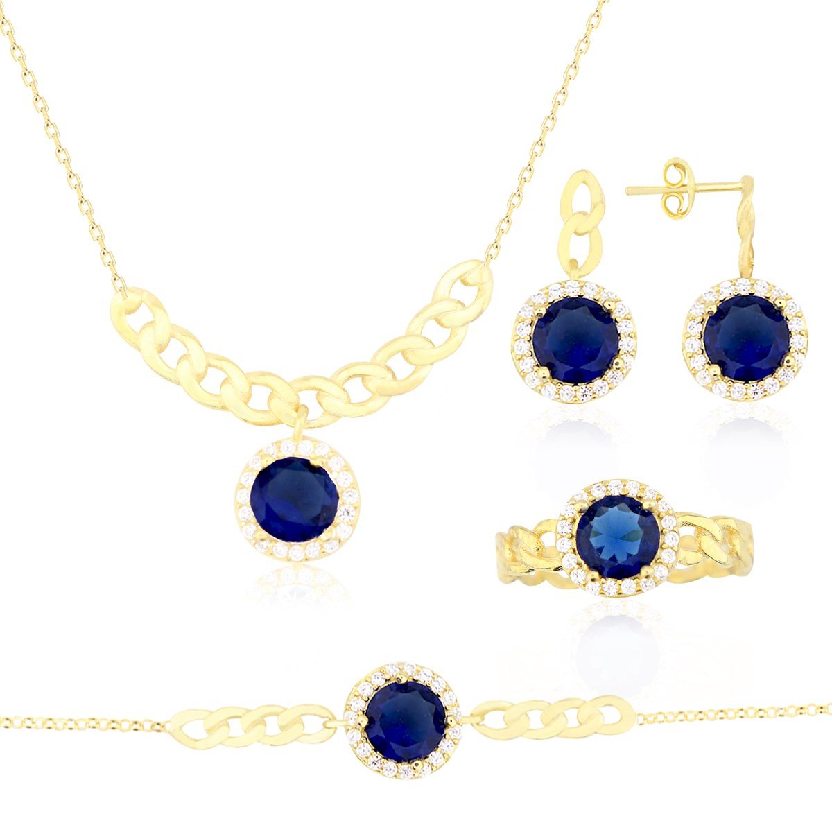 925 Ayar Gümüş Safir Takı Seti Altın Kaplama Zincir Detay