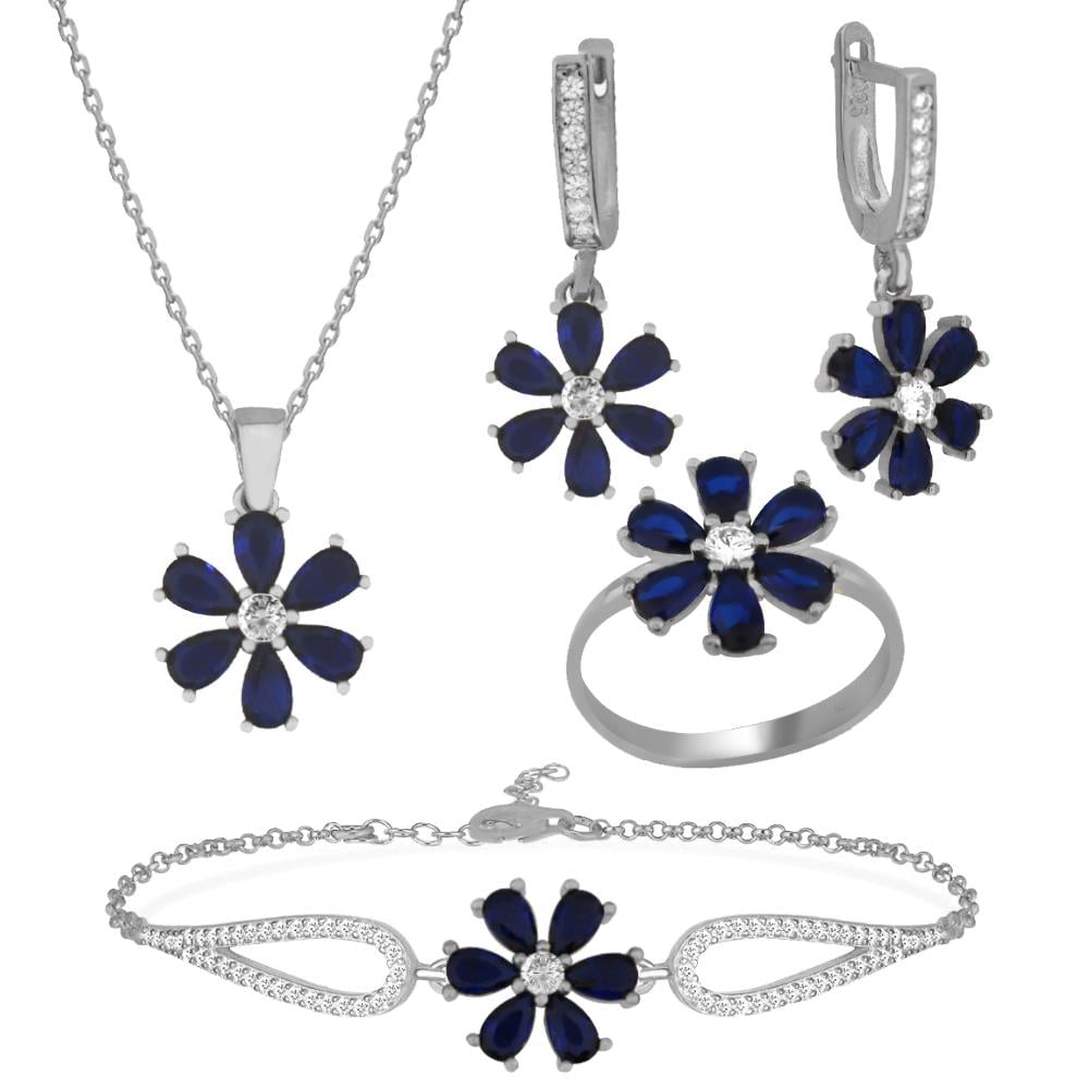 925 Ayar Gümüş Safir Taşlı Çiçek Takı Seti