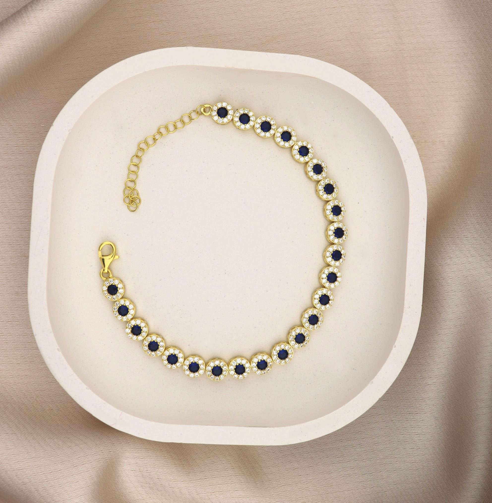 925 Ayar Gümüş Safir Yuvarlak Taşlı Su Yolu Bileklik