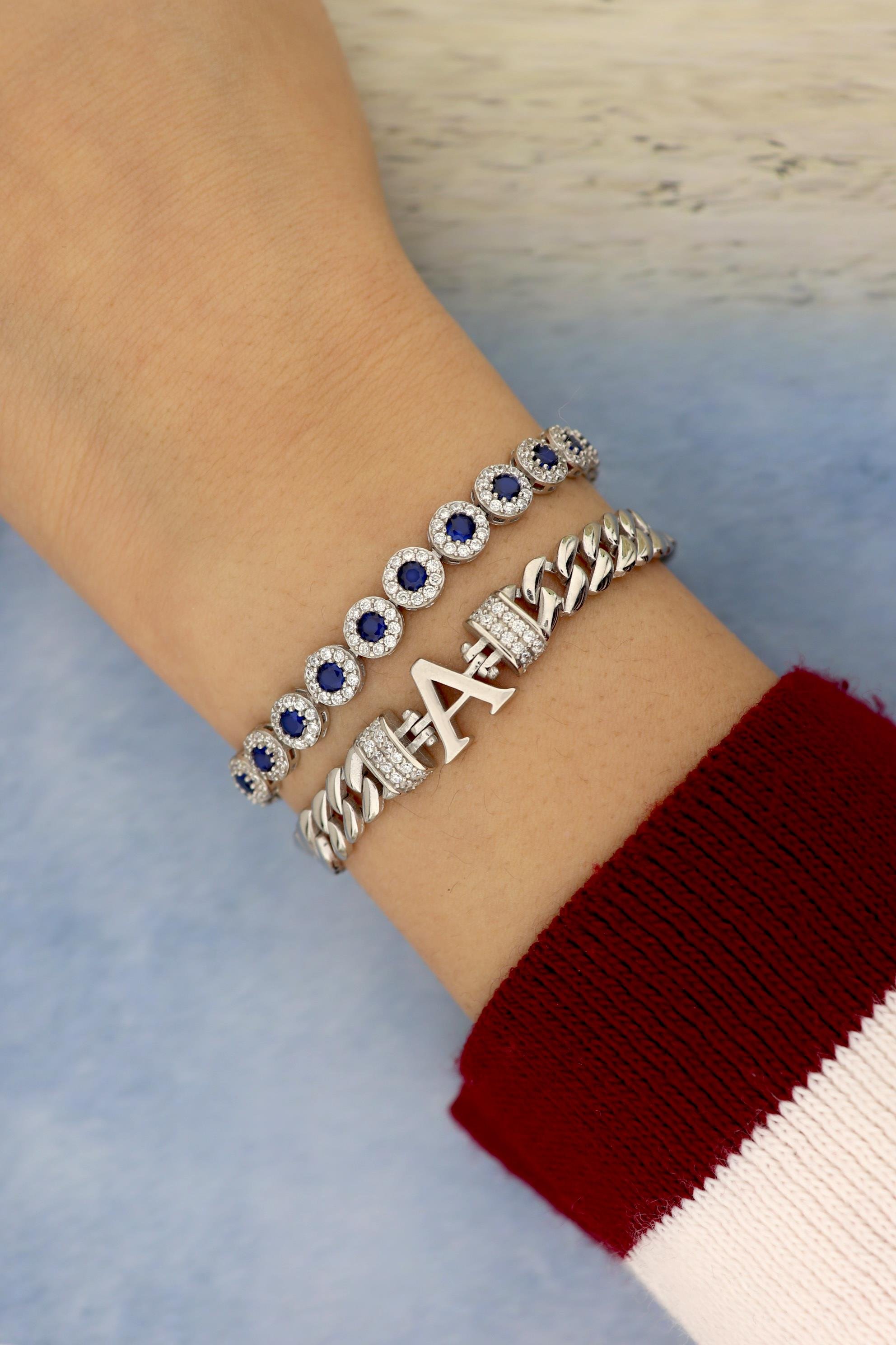 925 Ayar Gümüş Safir Yuvarlak Taşlı Su Yolu Bileklik