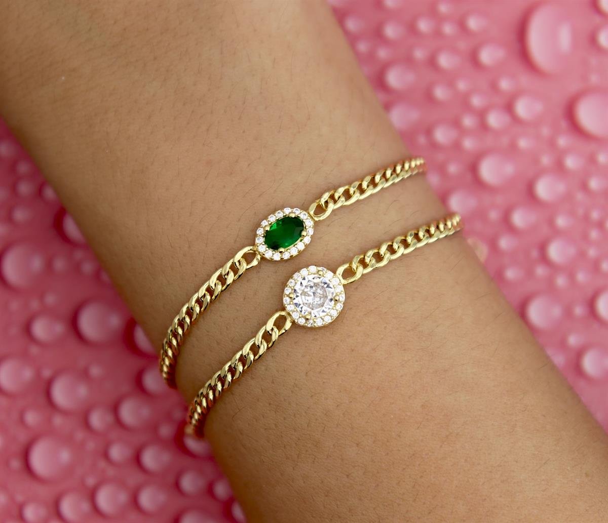 925 Ayar Gümüş Safir Zümrüt Oval Taşlı Gurmet Zincir Bileklik