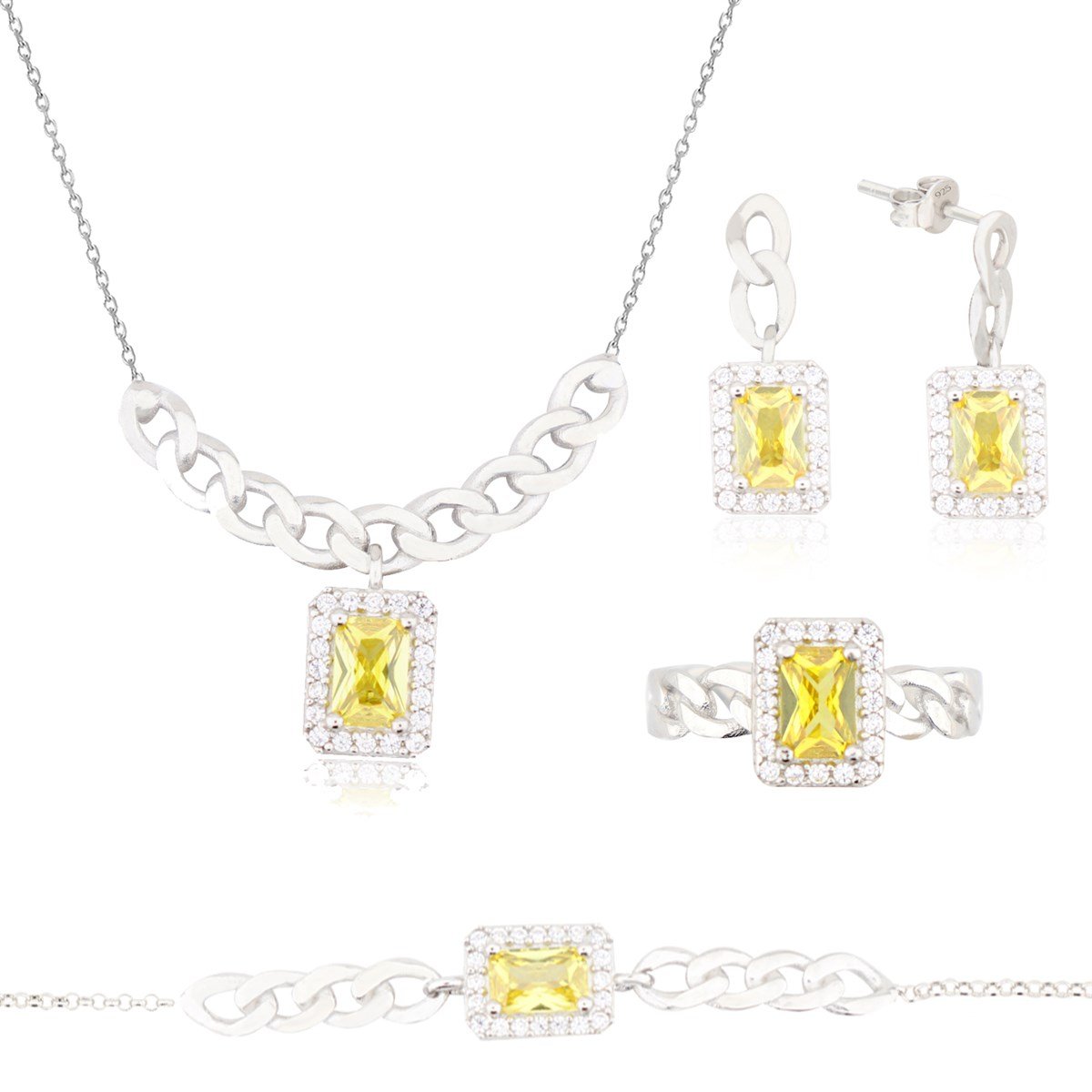 925 Ayar Gümüş Sitrin Baget Takı Seti Zincir Detay