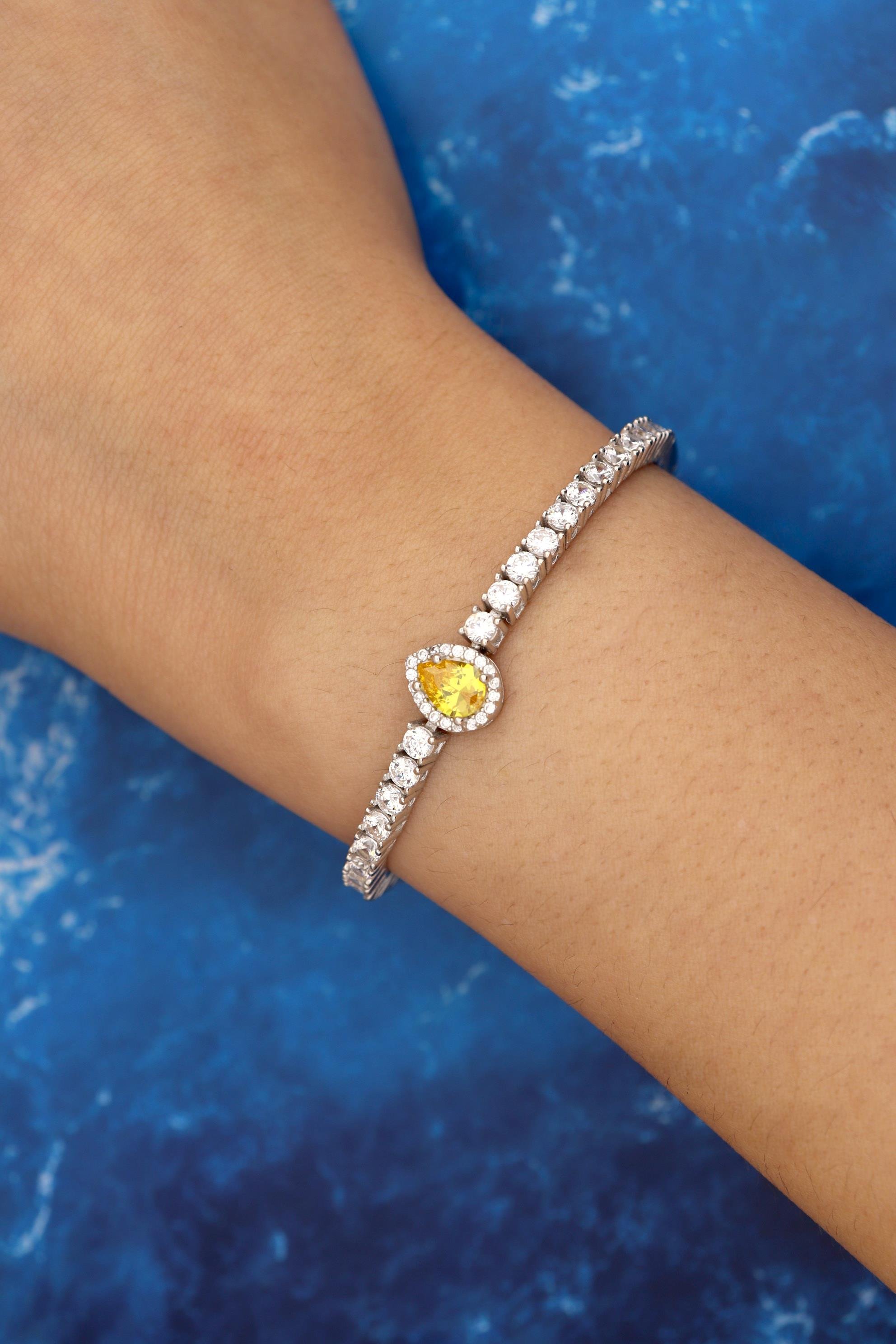 925 Ayar Gümüş Sitrin Damla Taşlı Su Yolu Bileklik