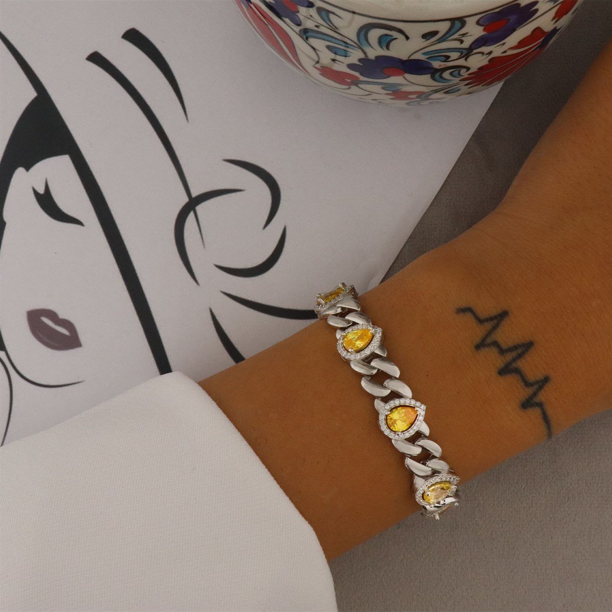 925 Ayar Gümüş Sitrin Taşlı Damla Desen Bileklik