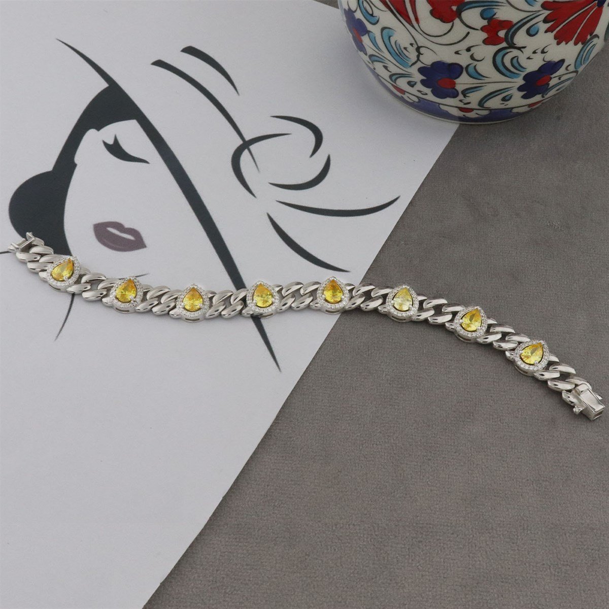 925 Ayar Gümüş Sitrin Taşlı Damla Desen Bileklik