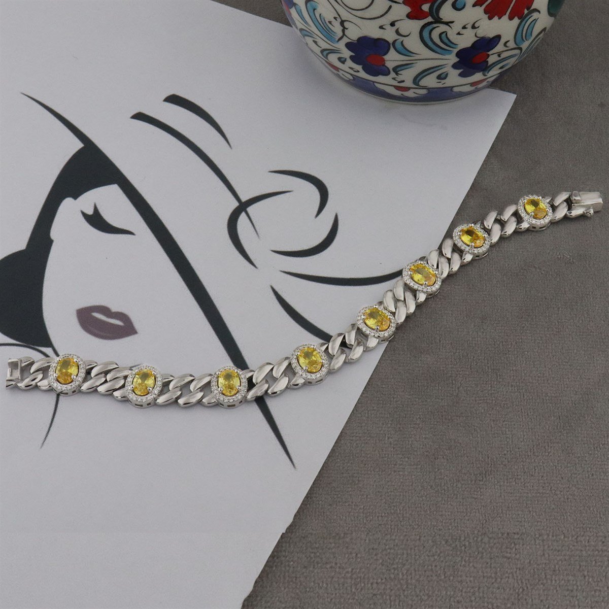 925 Ayar Gümüş Sitrin Taşlı Oval Desen Şık Bileklik