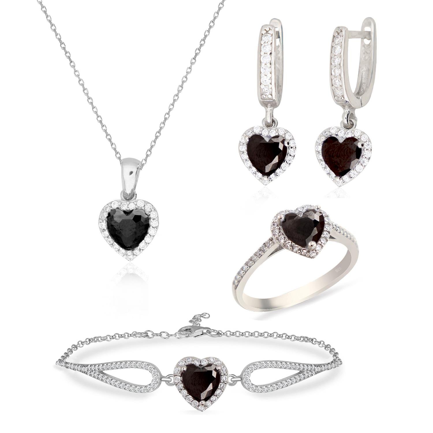 925 Ayar Gümüş Siyah Taşlı Kalp Takı Seti
