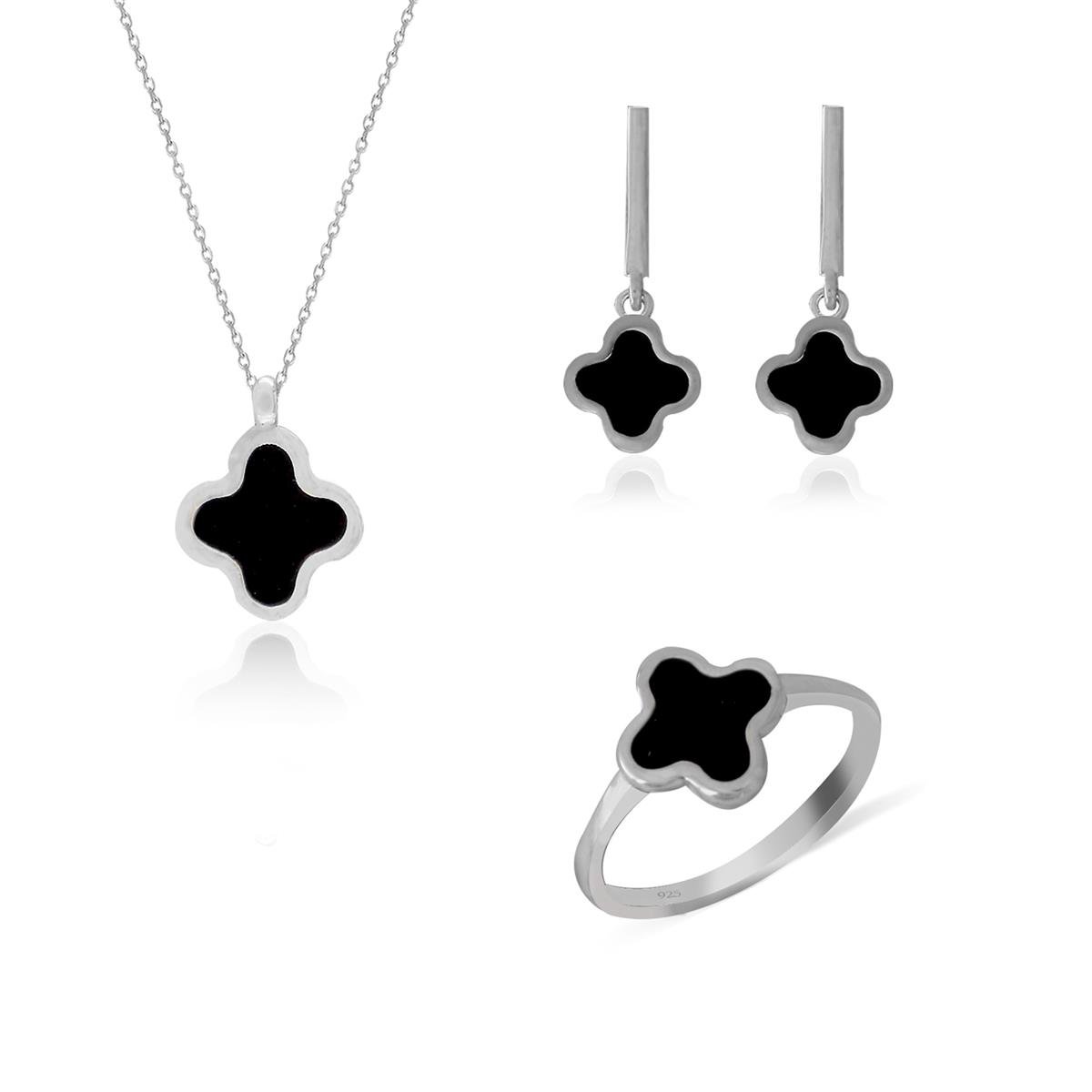 925 Ayar Gümüş Siyah Yonca Takı Seti