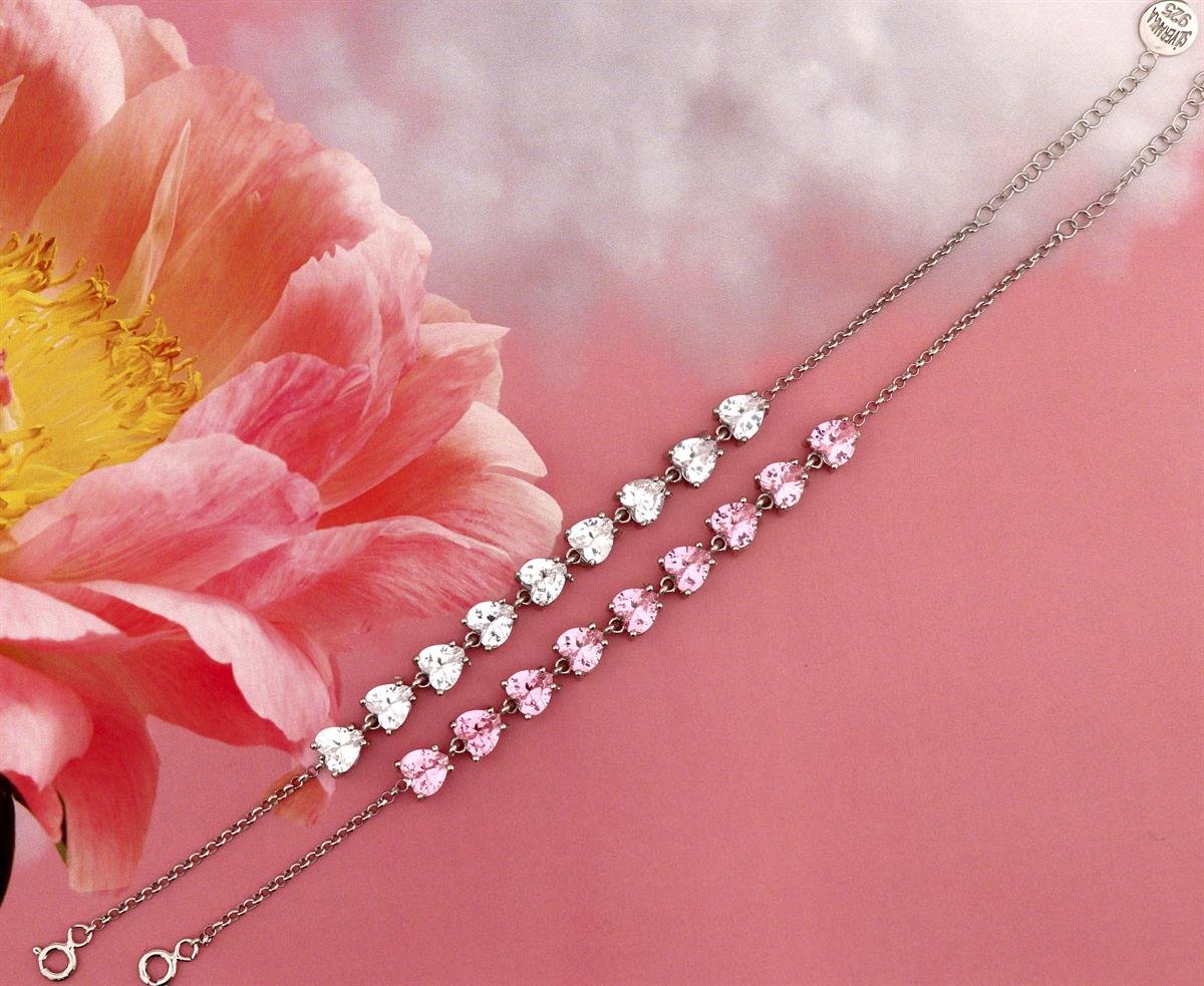 925 Ayar Gümüş Su Yolu Pembe Taşlı Kalp Bileklik