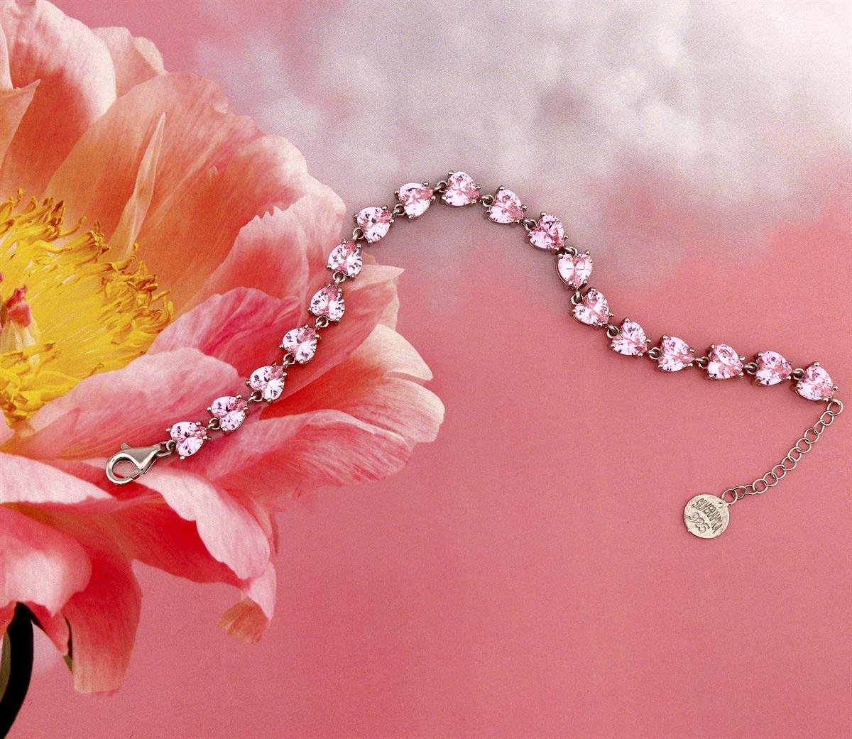 925 Ayar Gümüş Su Yolu Pembe Taşlı Kalp Bileklik 