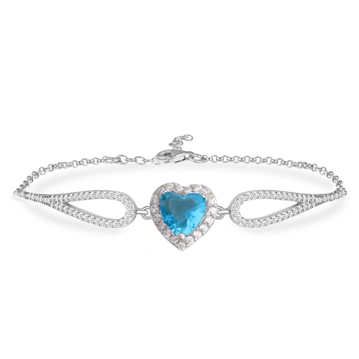 925 Ayar Gümüş Swarovski Aqua Taş Kalp Bileklik