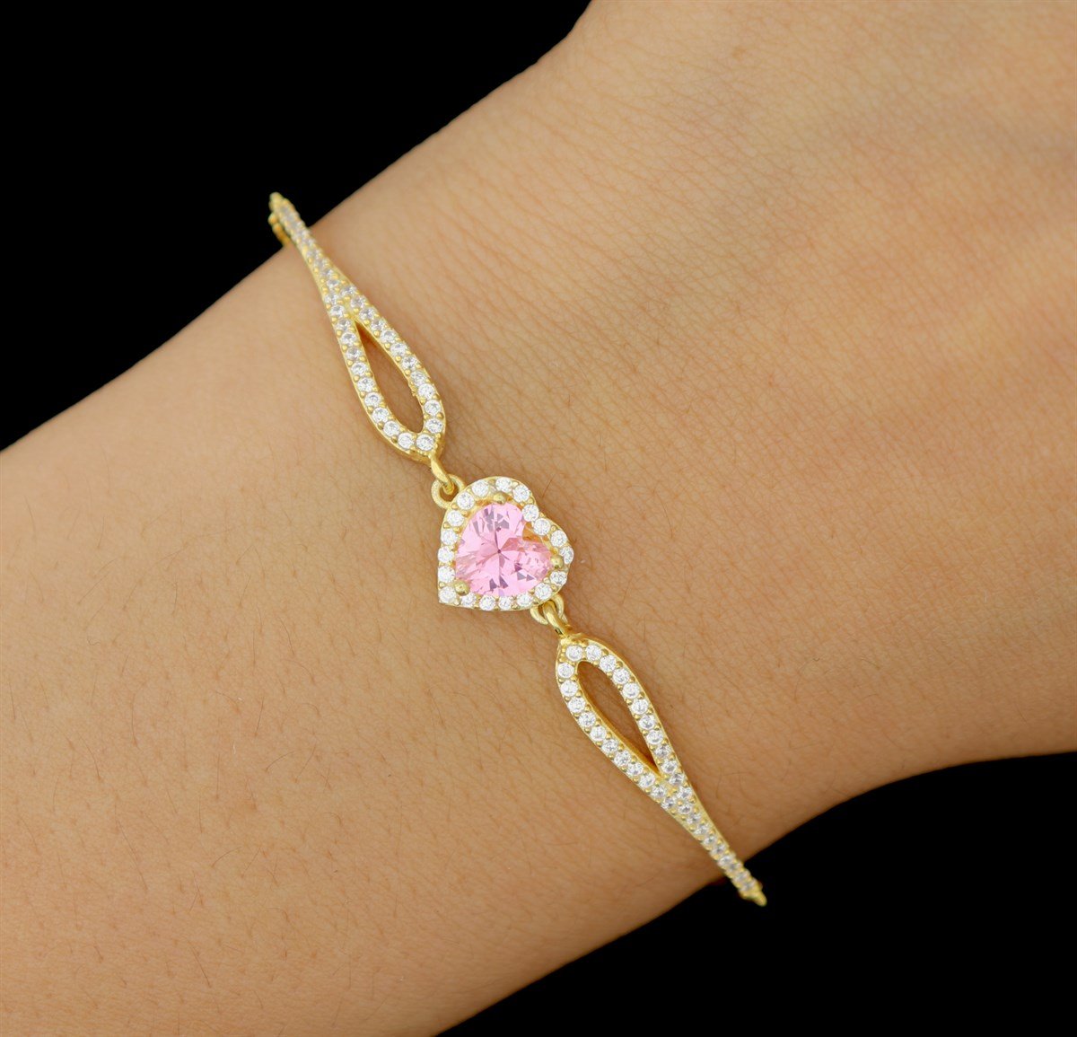 925 Ayar Gümüş Swarovski Pembe Kalp Bileklik