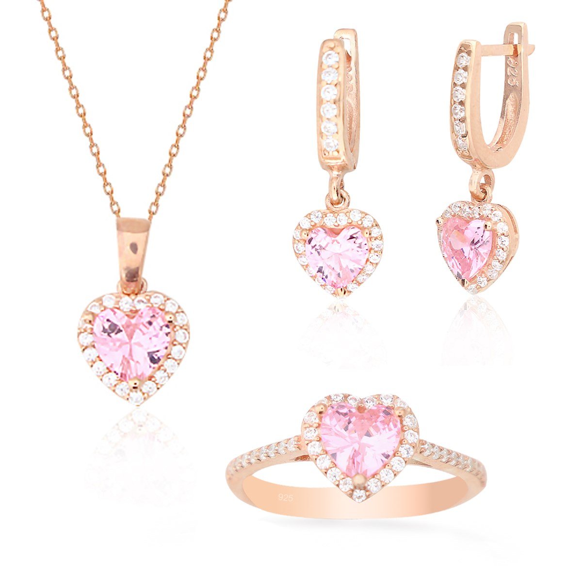 925 Ayar Gümüş Swarovski Rose Gold Kalp Takı Seti