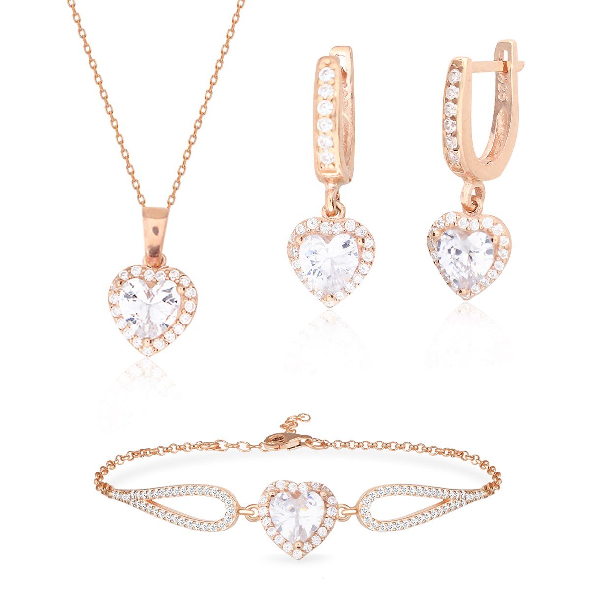 925 Ayar Gümüş Swarovski Rose Gold Kalp Takı Seti