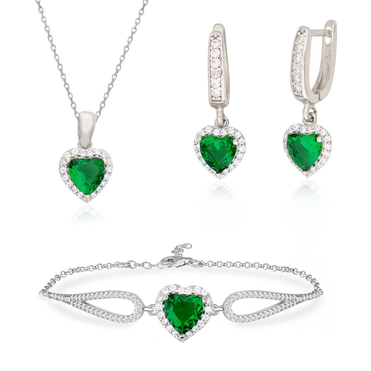 925 Ayar Gümüş Swarovski Zümrüt Kalp Takı Seti