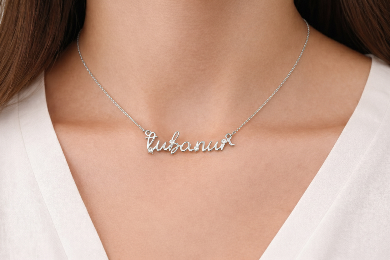 925 Ayar Gümüş Taşlı İmza Model İsim Kolye