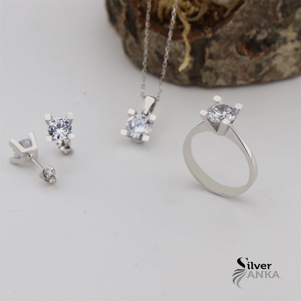 925 Ayar Gümüş Tek Taş Kare Desen Set